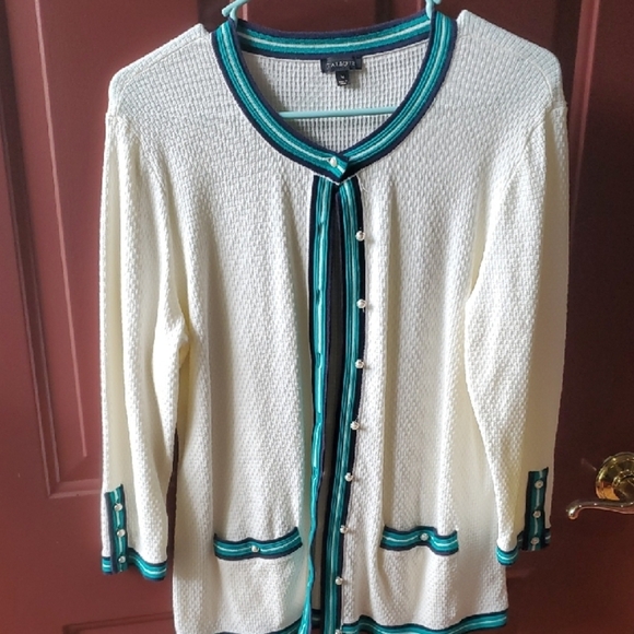 Talbots White and Green Cardigan with Nautical Trim - Picture 2 of 8